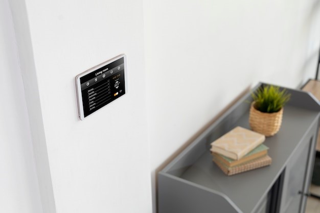 a smart home thermostat on a white wall.